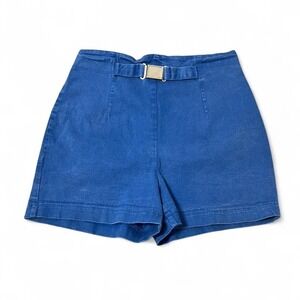 vintage route 66 blue high-waisted denim shorts with faux belt
